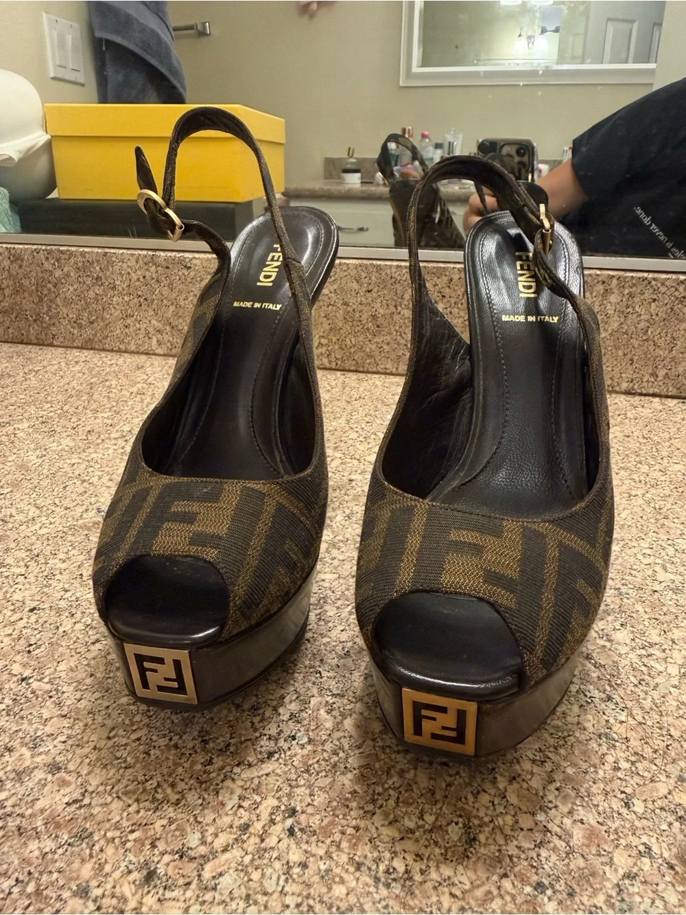 Fendi Brown FF Canvas Slingback Platform Pumps with Gold Buckle